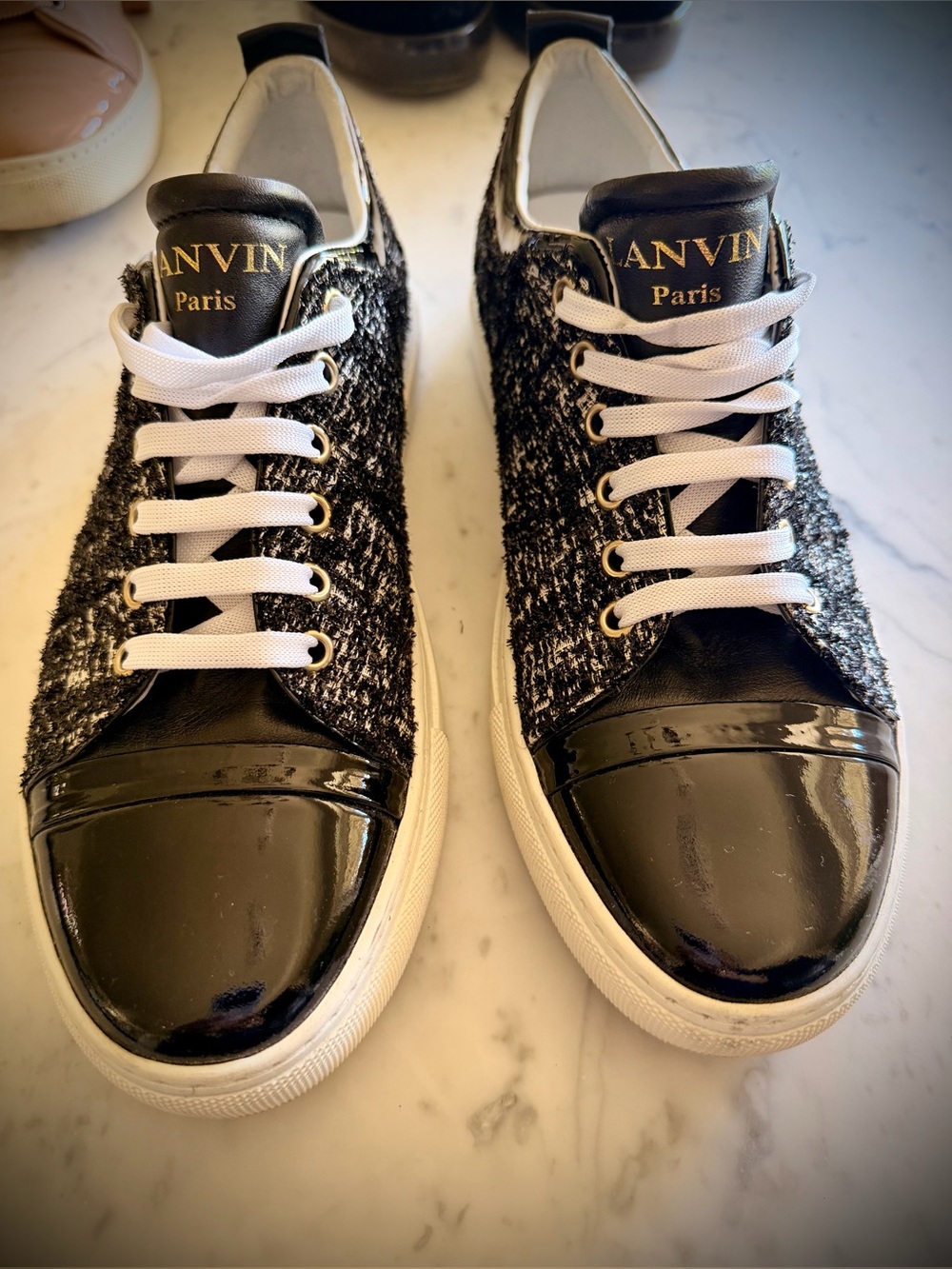 Lanvin Women’s Black Tweed & Patent Leather Low-Top Sneakers